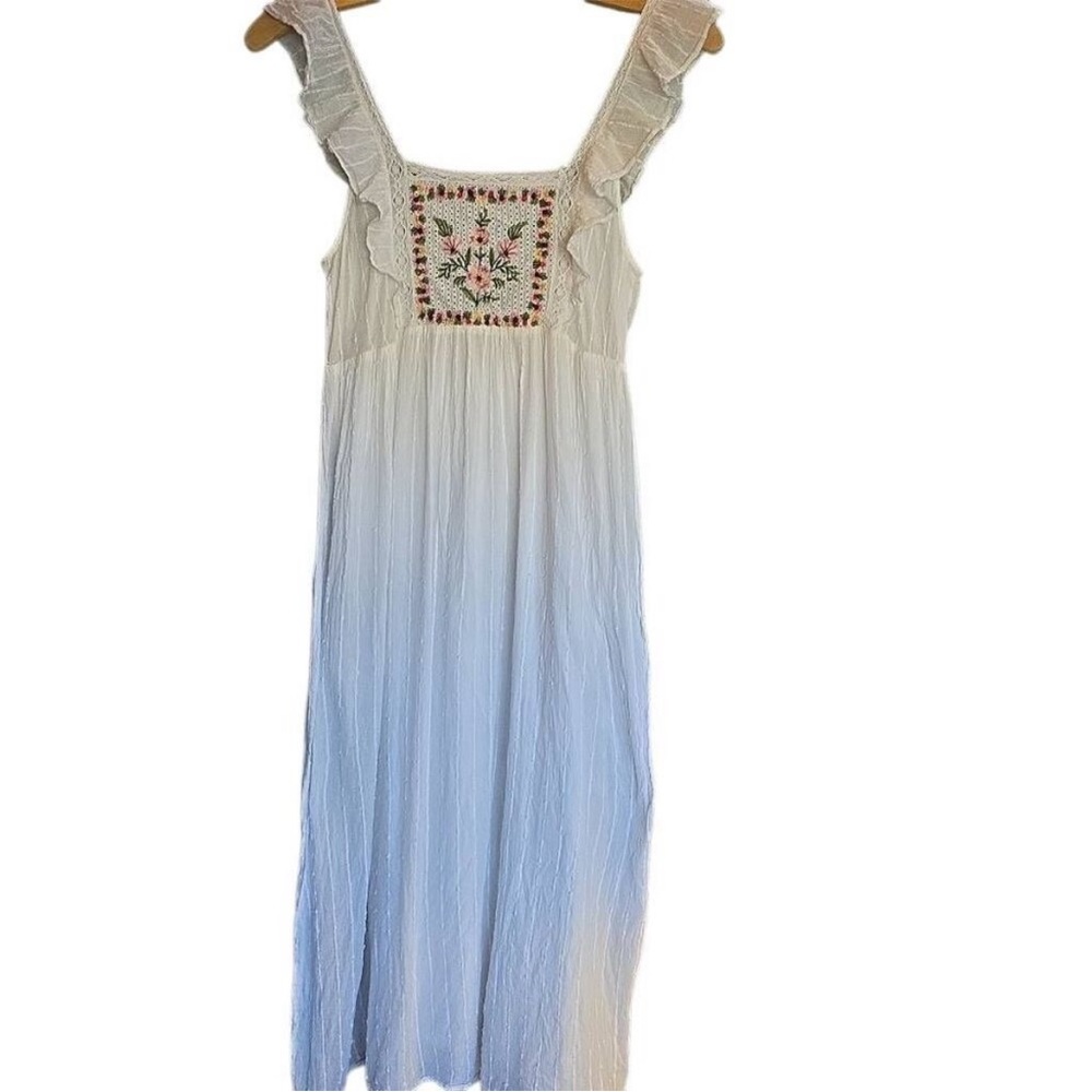 Zara Embroidered Floral White Cotton Maxi Dress Ruffled Sleeve Back Tie Lace